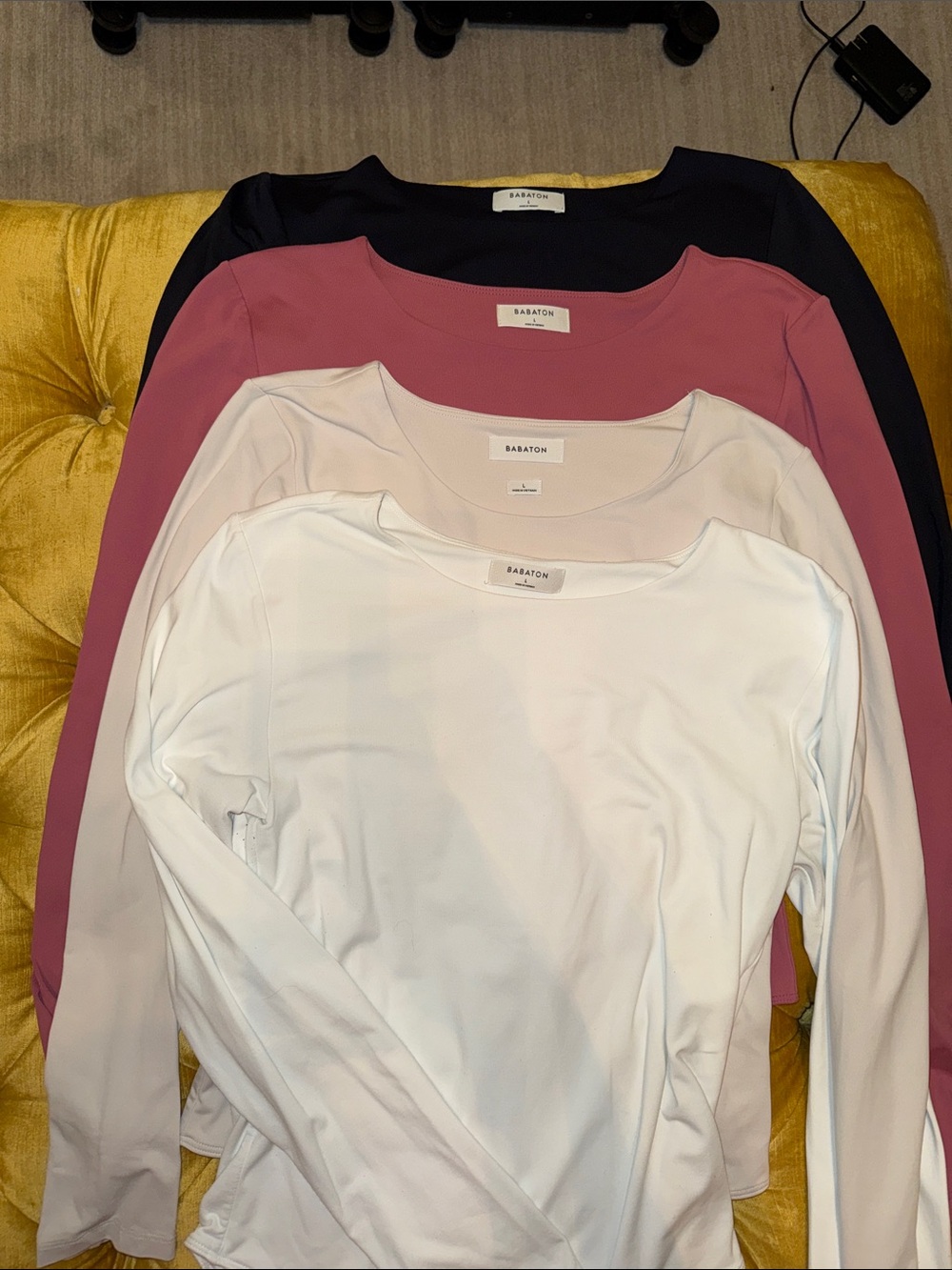 Babaton Long-Sleeve Scoop Neck Top — White, Light Pink, Mauve, Black